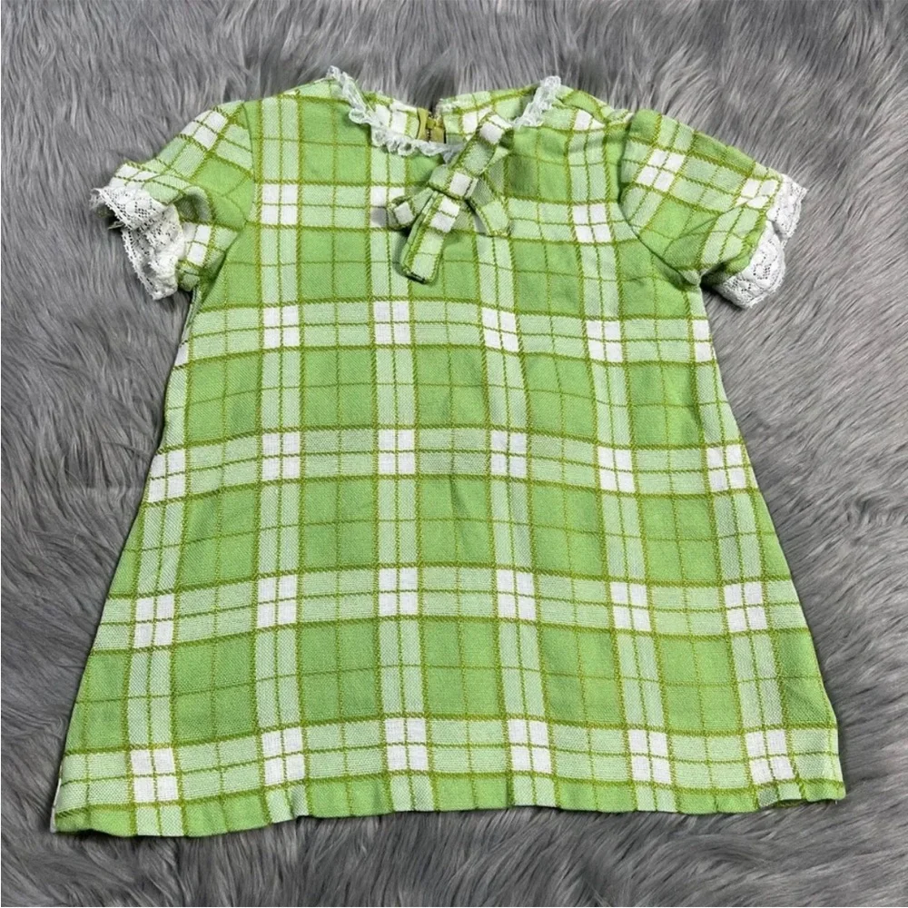 Vintage 60s Handmade Green Plaid Woven Mod Toddler Dress
